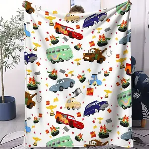 Cartoon Race Car Print Flannel Blanket, Fun Trophy & Checkered Flag Themed Throw Blanket, Cozy Soft Warm Blanket with Cute Vehicle Details, Ideal as a Playful Gift Blanket for Kids & Racing Fans