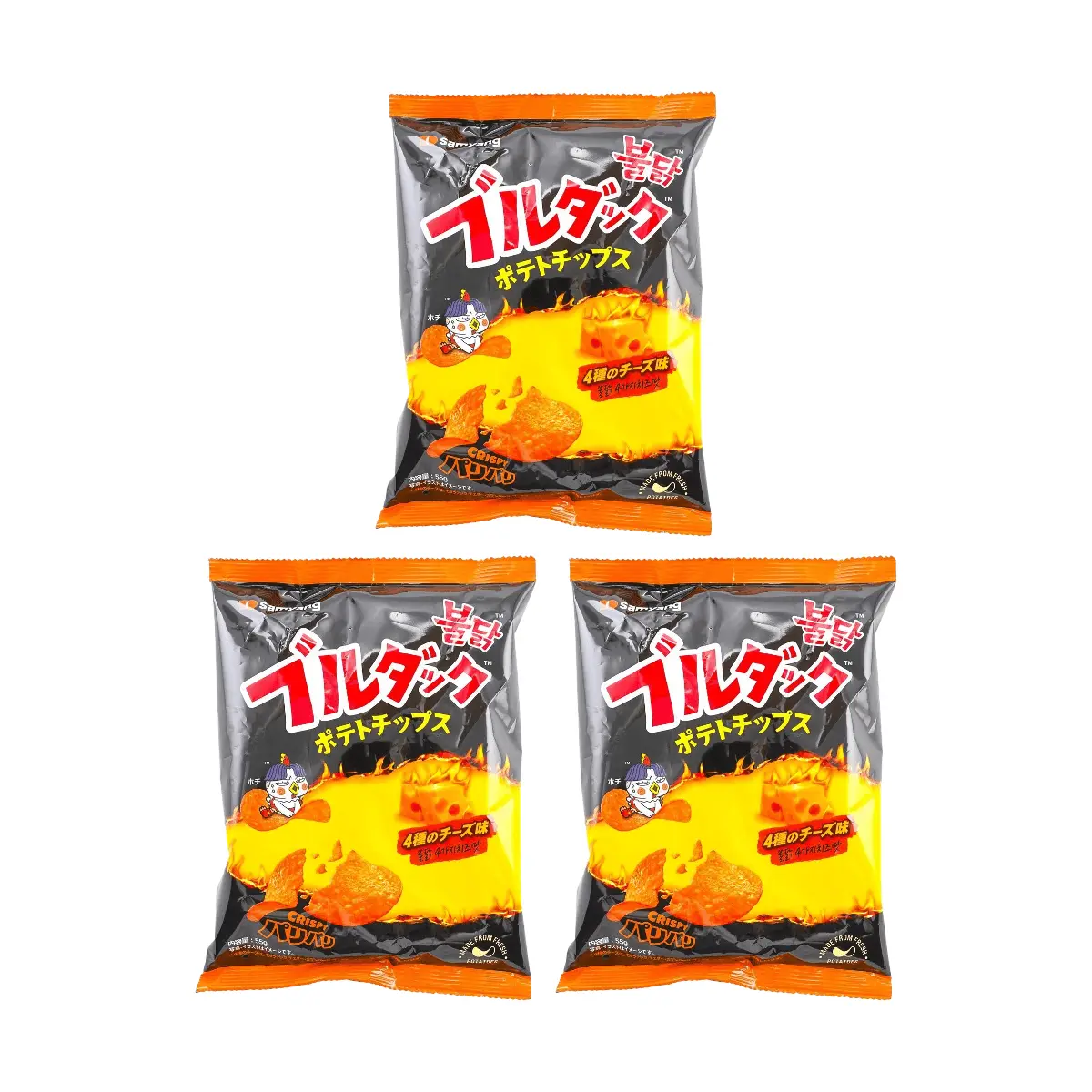 Samyang Buldak Cheese Potato Chips 55g (3 Pack) - Japanese Version, Four Cheese Flavor, Spicy Snack