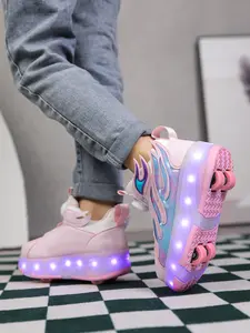 Girls' Four-Wheel Roller Skates, New Wheel Sports Shoes, Adjustable Rotating Buckle, PU Leather, LED Light, USB Charging, Multifunctional Roller Skates