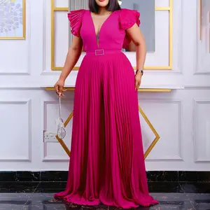 Stylish and sexy short-sleeved pleated wide-leg jumpsuit with belt