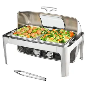 VEVOR Roll Top Chafing Dish Buffet Set,  9 Qt, Stainless Steel Chafer with 2 Half Size Pans, Rectangle Catering Warmer Server with Visible Lid Water Pan Stand Fuel Holder Clip, for at Least 9 People