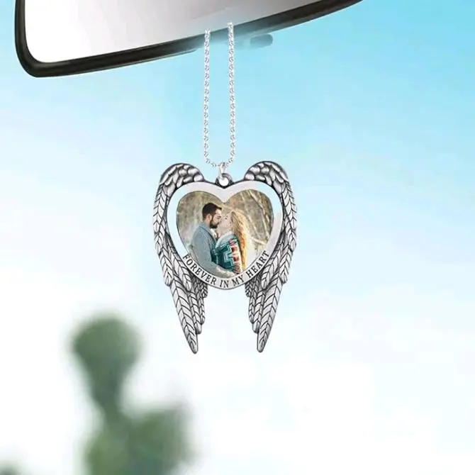 Personalized Angel Wing Heart Motorcycle Photo Ornament - Custom Touch Memorial Gift with Photo of Your Loved Ones, Remembrance Automotive & Motorcycle Mirror Accessory