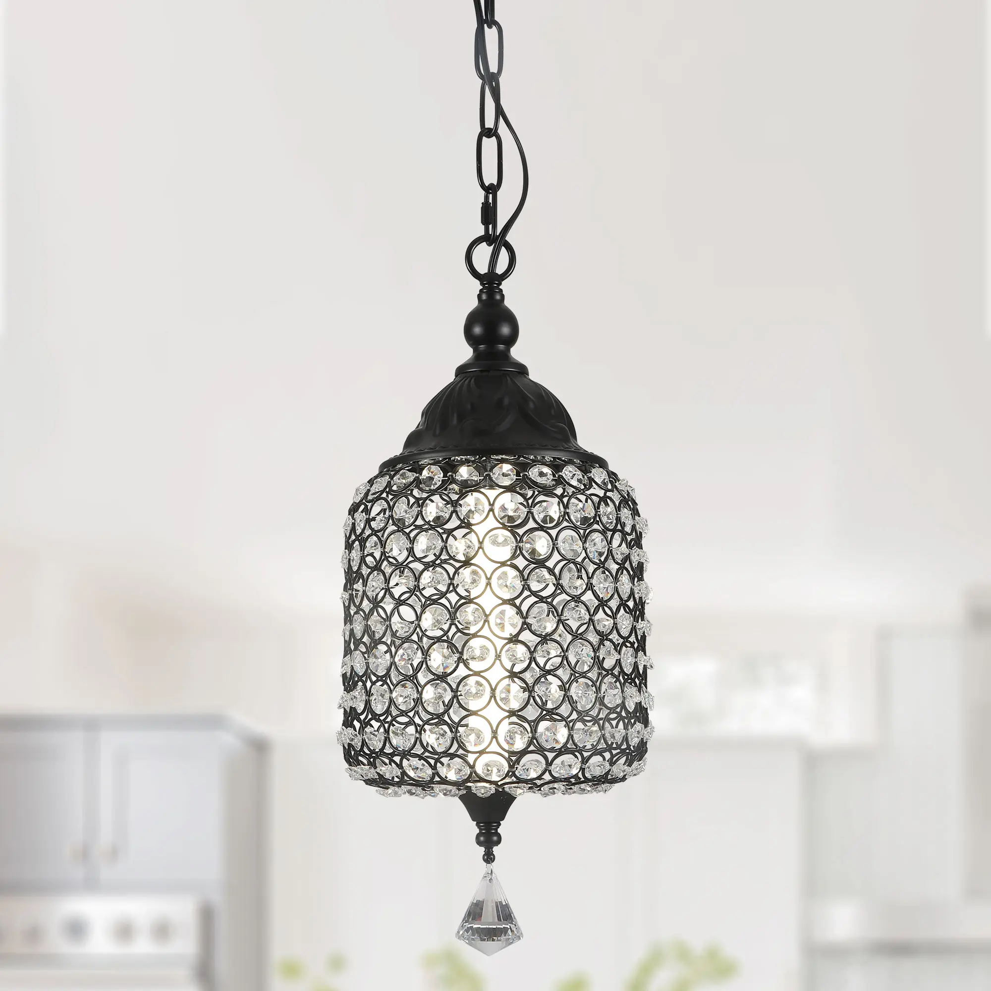 7.3" Black/Silver Finish Luxury Crystal Geometric LED Chandelier with Adjustable Chain, Crystal Pendant Light for Living Room and Dining Room