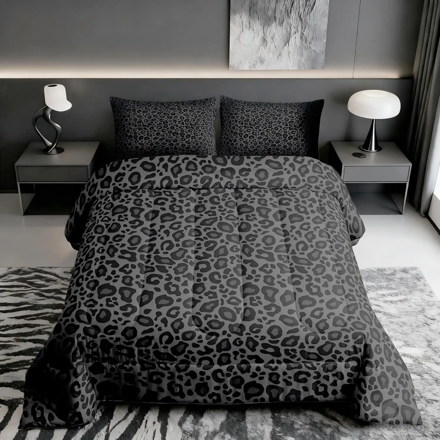 Feelyou Queen Size Gray Black Leopard Print Comfy Polyester Quilt Set - Breathable Modern Women's Animal Theme All-Season Bedding, Multi-Size Duvet Components with Inner Fill, Decorative Bedspread Set