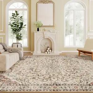 Machine Washable Area Rug, 4x 6 Vintage Oriental Medallion Distressed Rugs for Living Room, Non-Slip Low Pile Boho Carpet for Bedroom Dining Room, Soft Printed Floor Mat, Mixed-Brown