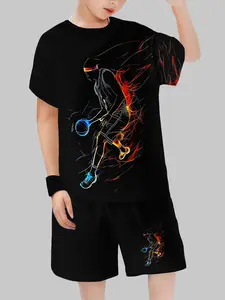 Boys' Basketball Print Sports Short Sleeve Set, Sports Clothing, Stylish Summer, Comfortable Cotton Material, Perfect for Active Kids