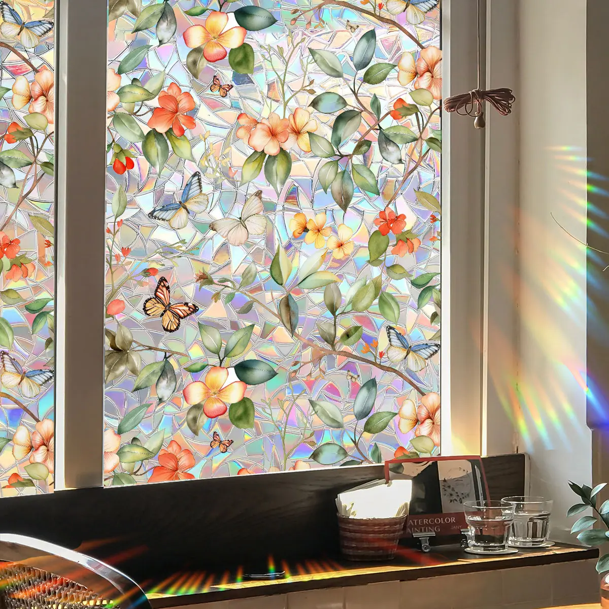 (45*100cm) creative new branch, flower, butterfly spring colorful sunlight static Decorative sticker window sticker for glass window decoration Butterfly Stickers Decorative Decal (XC3045-YL)