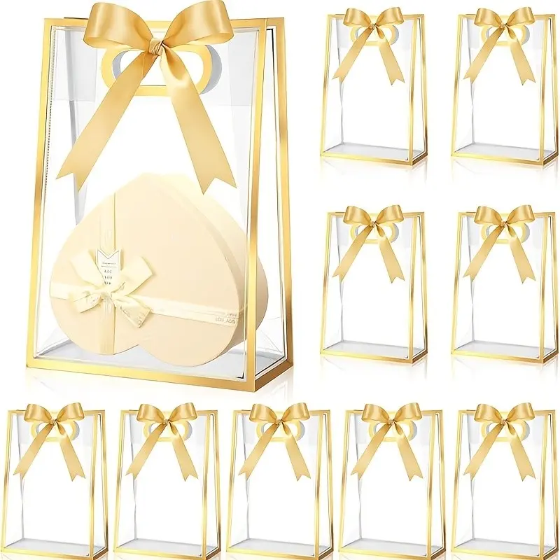 10 Pcs Clear Gift Bags with Handles - 18x26x8cm Waterproof PP Plastic Totes, Includes Ribbon Roll, Gift Wrapping Set, Gift Wrapping Supplies, Packaging for Wedding Favors, Christmas, Birthday, Baby Shower, Valentine's Day (Gold/Black/Red)