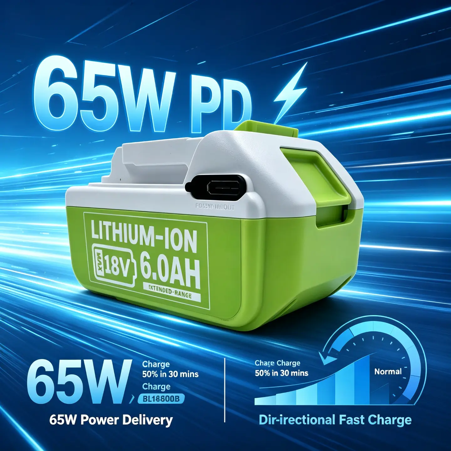 1/2/4PACK 6.0Ah 18V Rechargeable Lithium Ion Battery Pack, 65W FastCharging & Discharging. Upgraded Type-C USB Charging Replacement Battery for-makita 18V Series Cordless Tools, Compatible with BL1830 BL1840 BL1850 BL1860 Chargers, Power Tool Accessories