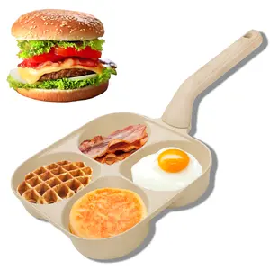 Multifunctional Non-stick Egg Frying Pan – 4 Holes Skillet with Wooden Handle, Medical Stone Omelet Maker for Pancakes, Burgers, Breakfast & Quick Cooking at Home.Non-stick Beige Cookware frying pan.Nonstick Woks
