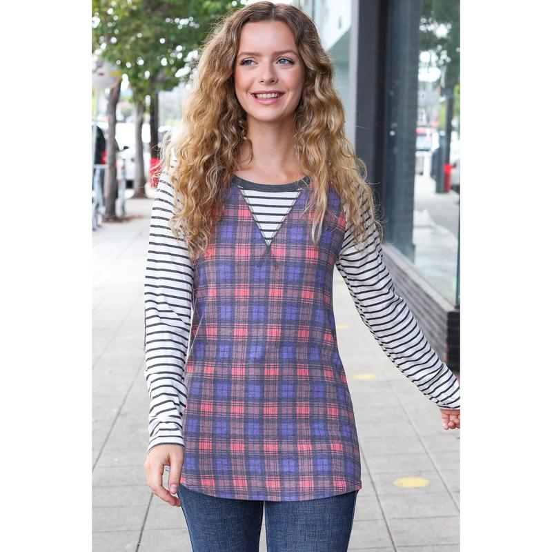 Feeling Playful Plaid/Stripe Outseam Stitch Elbow Patch Pullover