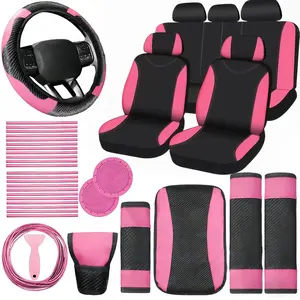 39PCS Pink Black Car Seat Covers Full Set, Polyester Universal Seat Protector with Steering Wheel Cover, Seat Belt Covers, Air Vent Trim, Cup Holders, Girly Car Accessories for Women