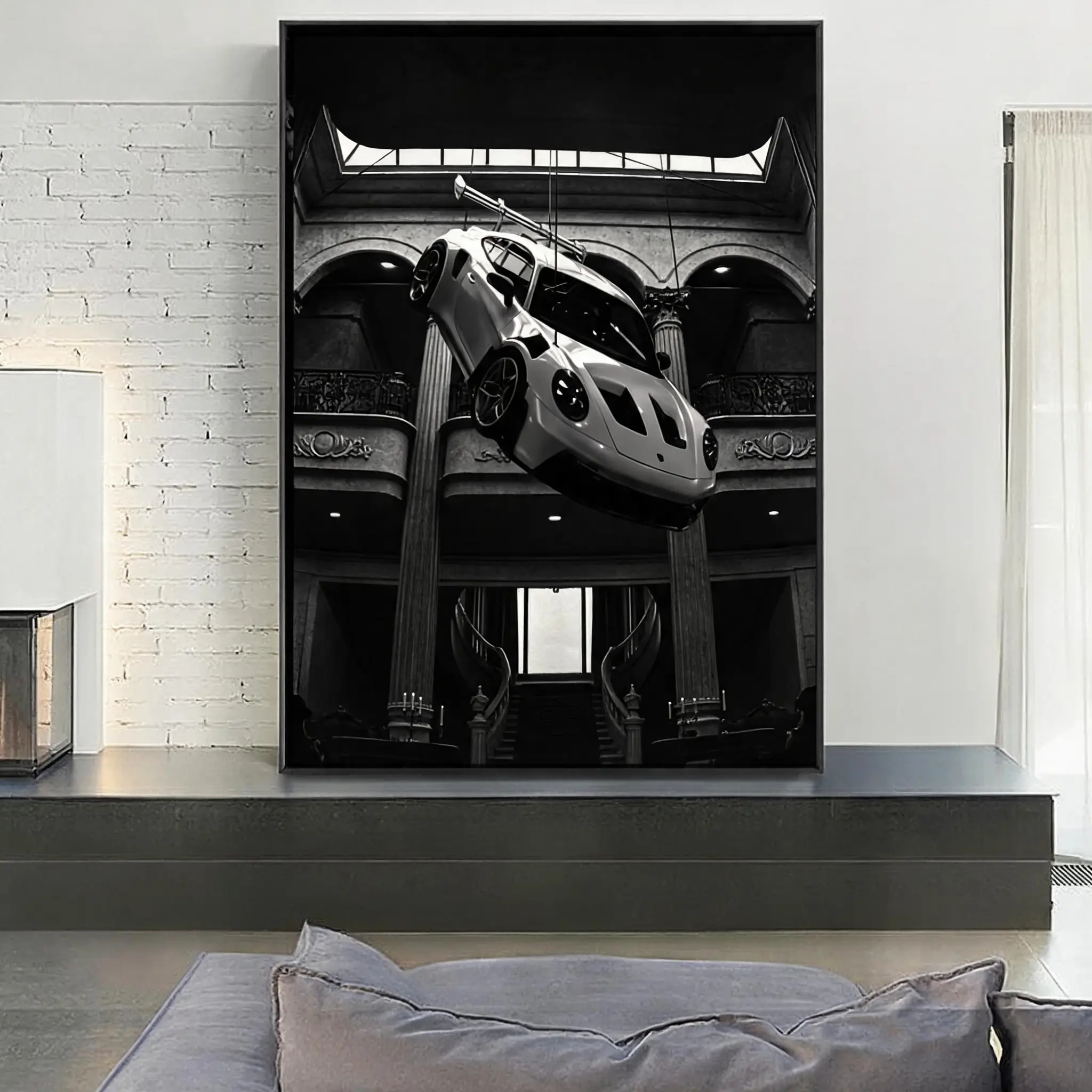 Vintage Self-Driving Flying Car Black-White Minimalist Print Poster, Luxury Automotive Canvas Wall Art Decoration, Gift for Aviation & Car Enthusiasts (Home, Office Use)