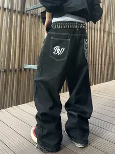Men's Jeans with Pocket Print, Loose-Fit Street Style, All-Season Casual Wear, Multiple Sizes Available, No Belt Included