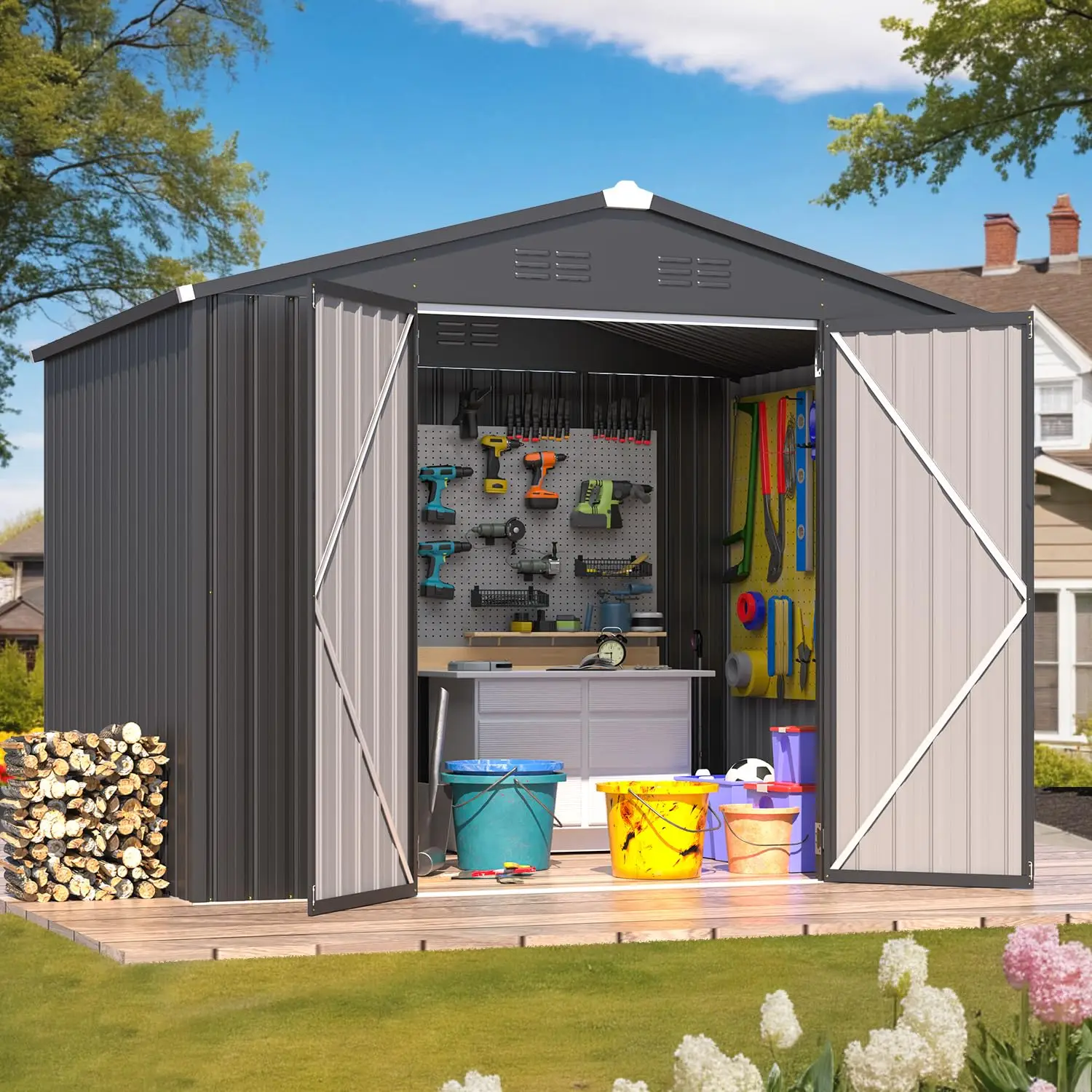 AECOJOY Metal Storage Shed for Outdoor Use with Lockable Doors, Steel Frame, Galvanized Coating, Suitable for Garden, Backyard Air Vents Sloped Roof