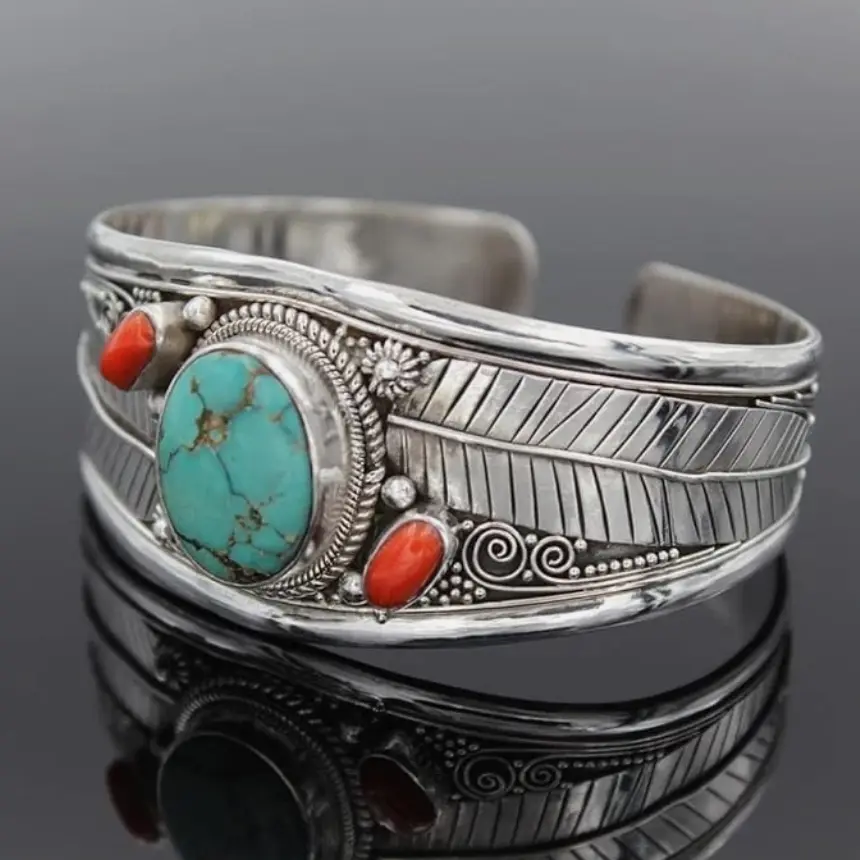 Vintage Turquoise Crystal Bracelet Silver Color Leaf Open Cuff Woman Jewelry