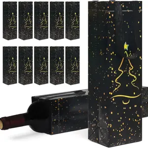 12 Pack Reusable Wine Bottle Gift Bags, 13.6x3.5x3.9 Inch Size, Christmas Tree Pattern for Holiday Parties & Gifts, Party Gift Packs