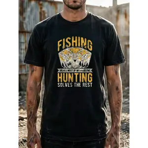 Men's fishing and hunting outdoors Graphic T-Shirt - Short Sleeve Crew Neck Regular Fit Casual Wear | Soft & Breathable Fabric, Durable Print, Everyday Comfort, Machine Washable, casual outdoor lifestyle rustic outdoor setting with industrial background