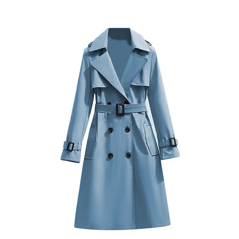 Women’s Long Trench Coat, Korean Style Double Breasted Spring Fall Jacket, Slim Fit Lapel Windbreaker Coat with Pockets, Business Casual Long Sleeve Outerwear S-3X