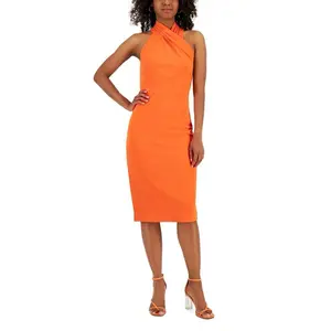 Elegant Orange Halter Neck Bodycon Midi Dress Summer