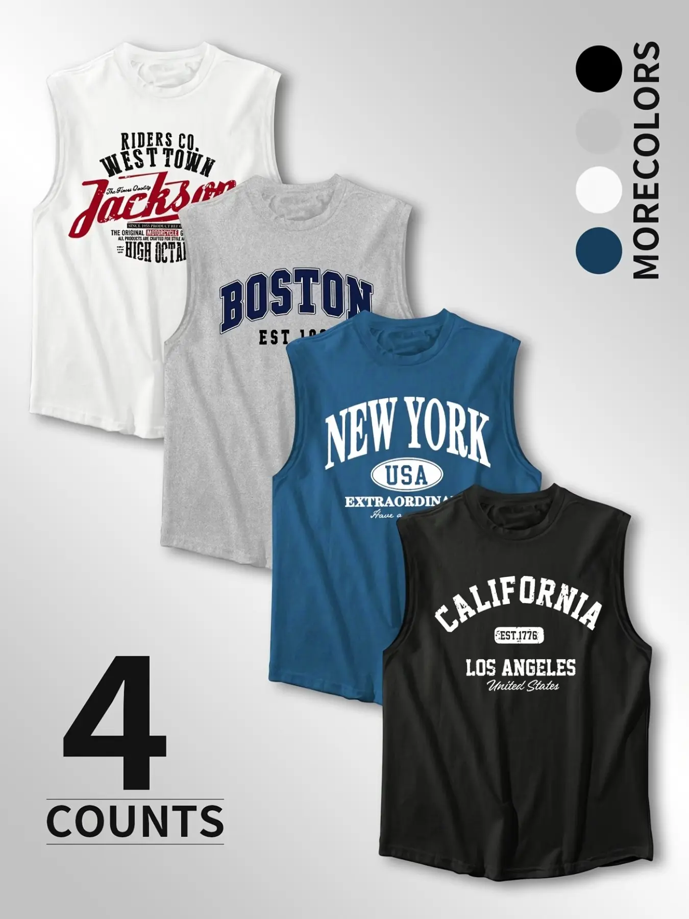 Men's 4-Pack Vintage City Print Tank Tops Oversized Crew Neck Sleeveless T-Shirts Breathable Casual Streetwear Muscle Tees for Gym Workout Summer Daily Wear (New York Boston California Jackson Print)