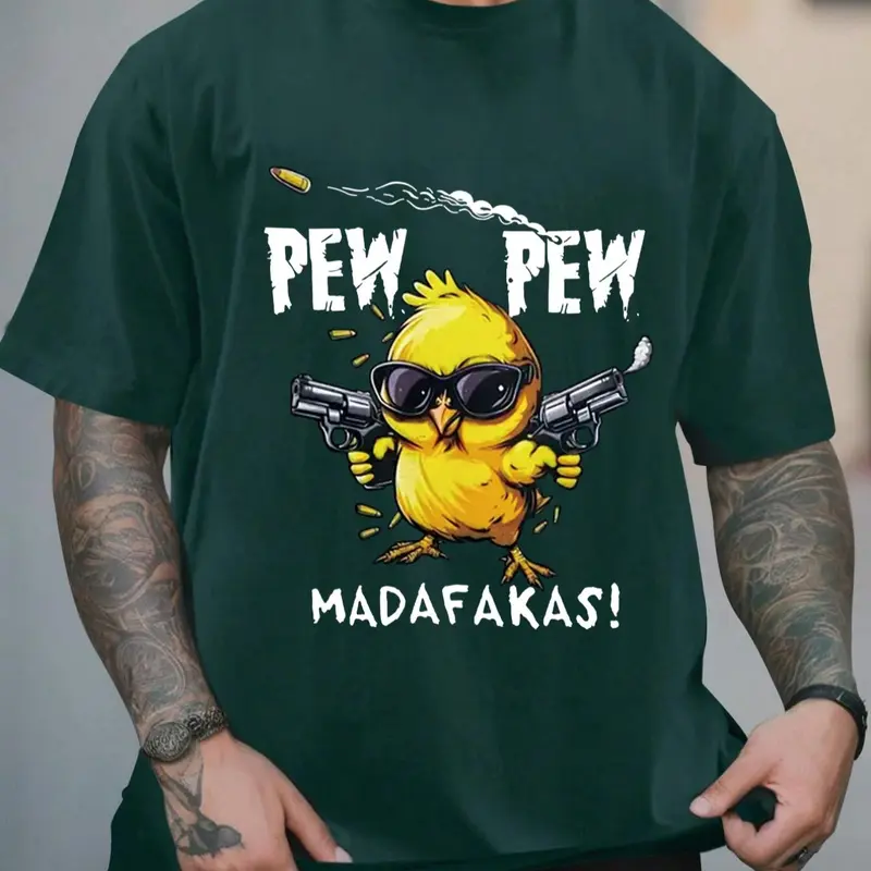 Men's Cartoon Chicken & Letter Print Round Neck Tee, Regular Fit Casual Short Sleeve T-shirt for Summer, Men's Top for Daily Wear, Casual Street Wear, Graphic T Shirt