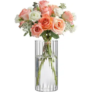 Cylinder Vases, Bud Vase for Centerpieces, 8 Inch Tall Ribbed Vase Floating Candle Holder, Decorative Flower Vases for Wedding Reception, Home, Housewarming Gift (Clear)