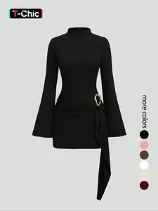 Women's Stand Collar Cinched Waist Minimalist Flare Sleeve Bodycon Midi Dress