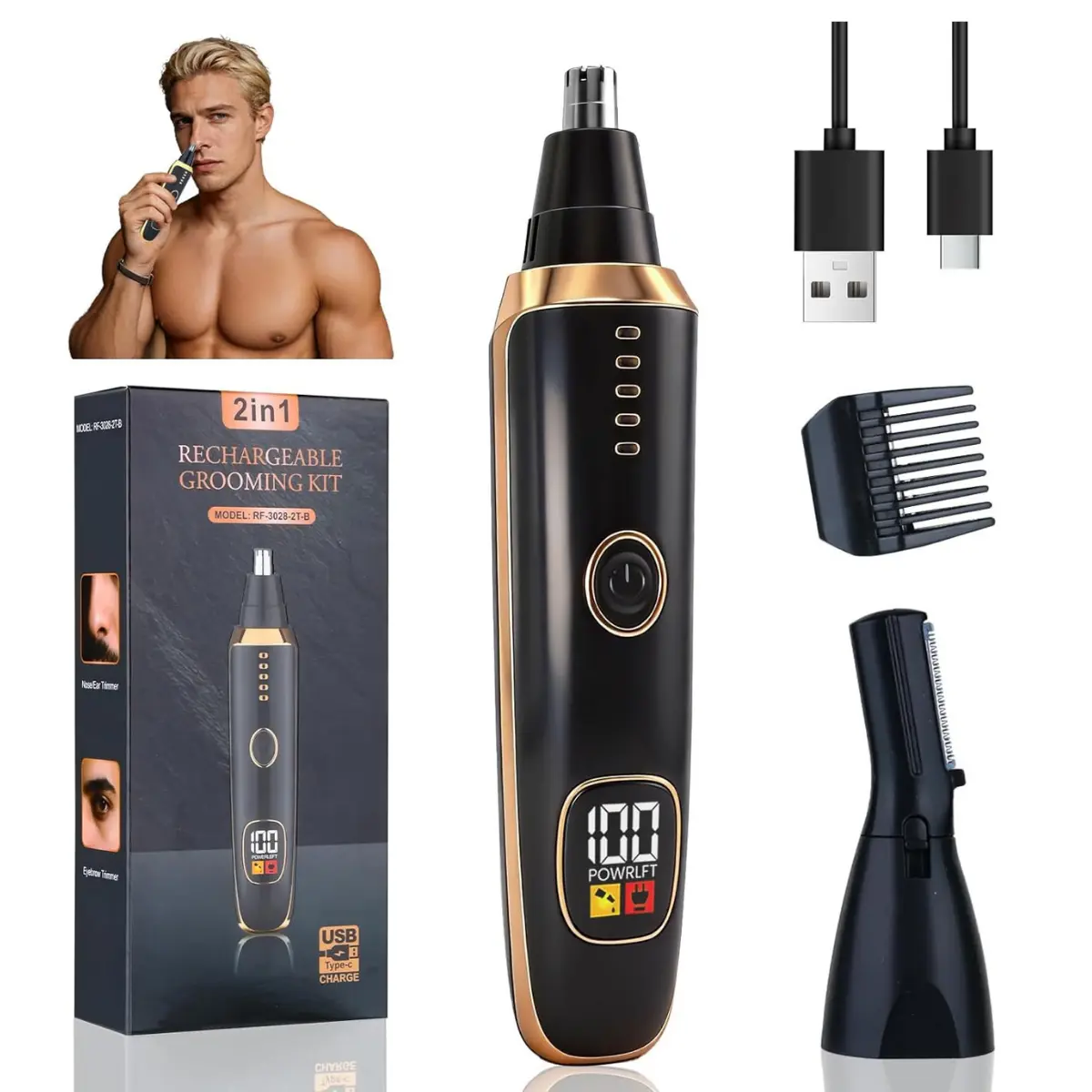 Men's 2-in-1 Nose & Ear Hair Trimmer with LED Display, USB Rechargeable, Waterproof Dual-Edge Blades, Portable Eyebrow & Facial Hair Remover for Travel (Black, 2026 Model)