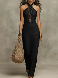 Summer Women's Slim Fit Fashion Sexy Solid Sleeveless Cross Neck Dress, Comfortable Soft Fabric, Casual Professional Elegant Style