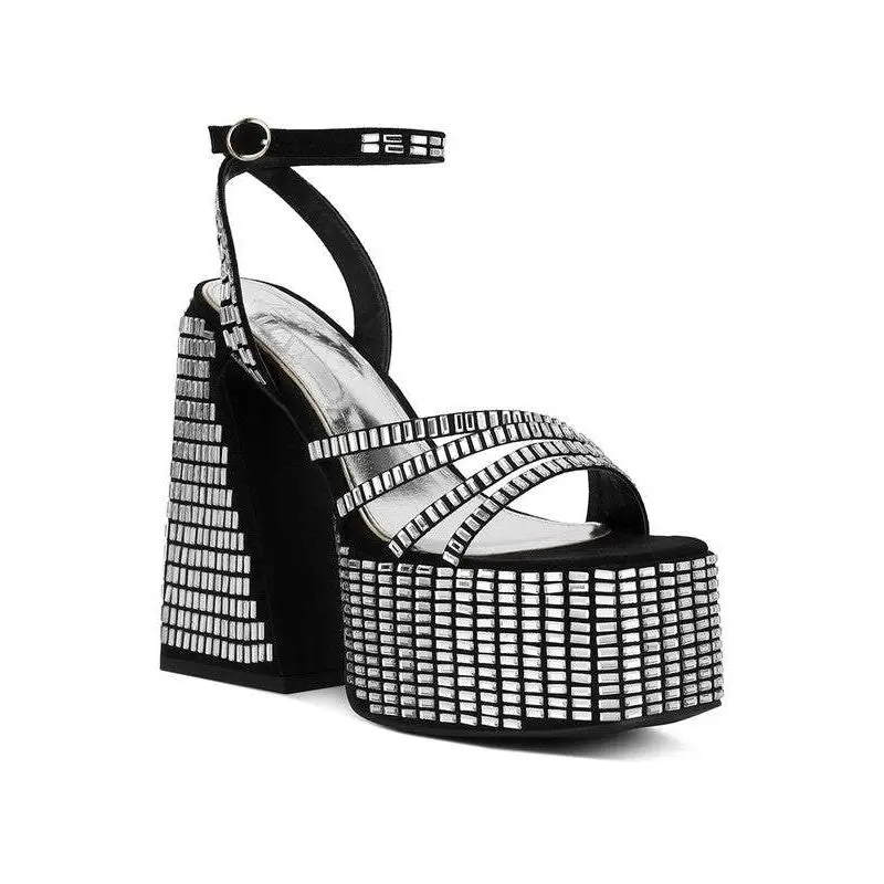 Lustrous Mirror Embellished Flare Heel Sandals