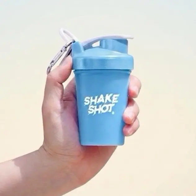 Shake Shot 4 oz Blue Mini Pre-Workout Supplement Bottle with Shaker Ball, Clip for Gym Bag, Ideal for Workout and Sports Use, Workout Water Bottle