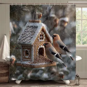 1/4 Pcs Winter Snow Scene Shower Curtain Set, decorated with snow-covered gingerbread birdhouse and bird patterns, creating a warm bathroom atmosphere. Printed shower curtain set, bathroom decoration set includes shower curtain, non-slip bath mat, toilet