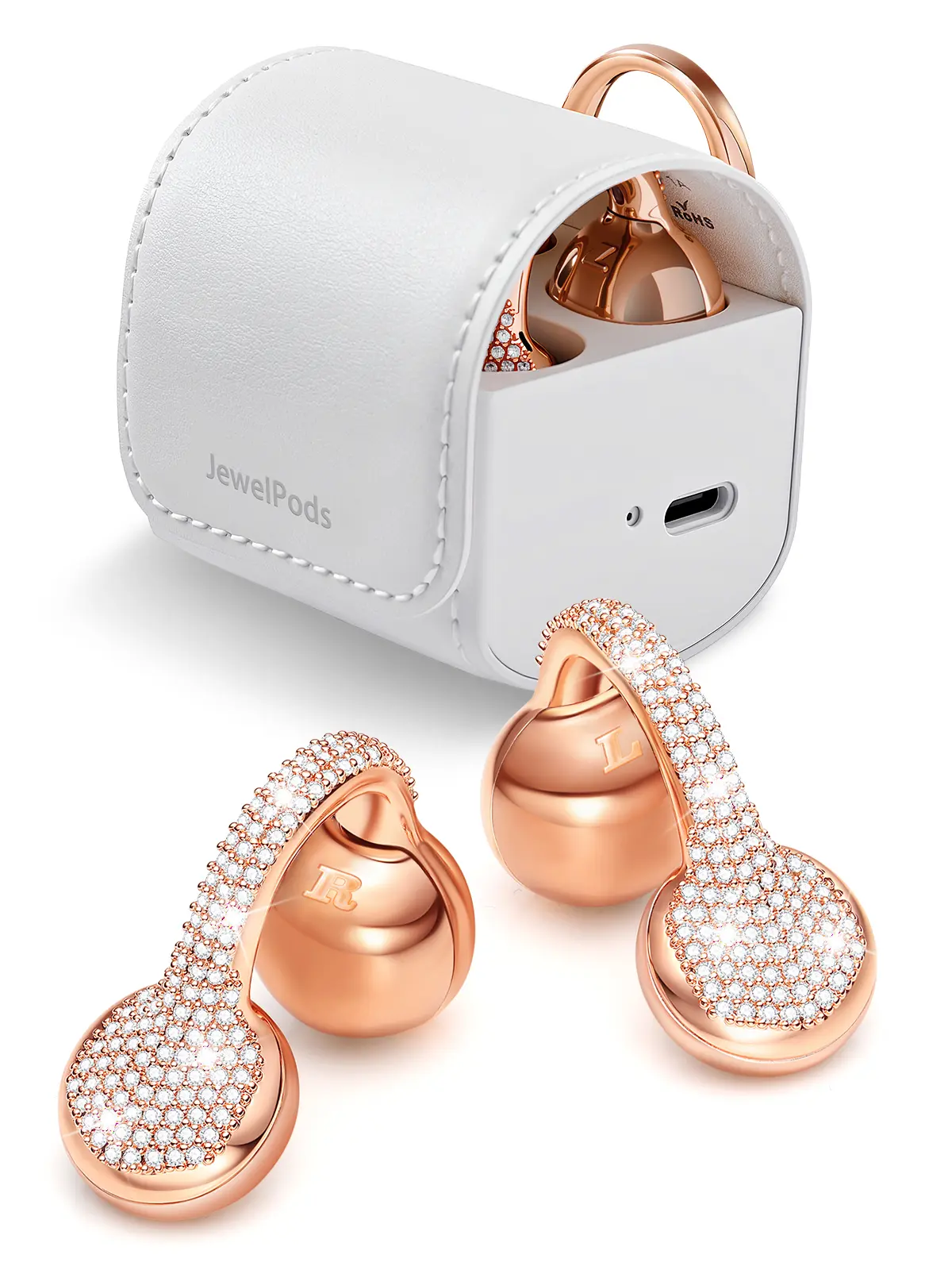 JewelPods C1 Open Ear Headphones,Clip-on Earbuds Wireless Bluetooth with Crystal, Secure, Lightweight, Premium Audio-Water Resistant-Up to 72 hrs Play, Leather Charging Case,Gift for Her