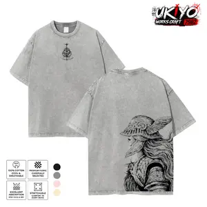 Elden Ring Malenia Sketch T-Shirt - Ink Drawing Blade of Miquella Heavyweight Cotton Light Grey Acid Wash Oversized Tee - Gaming Aesthetic Streetwear Shirt Men Women