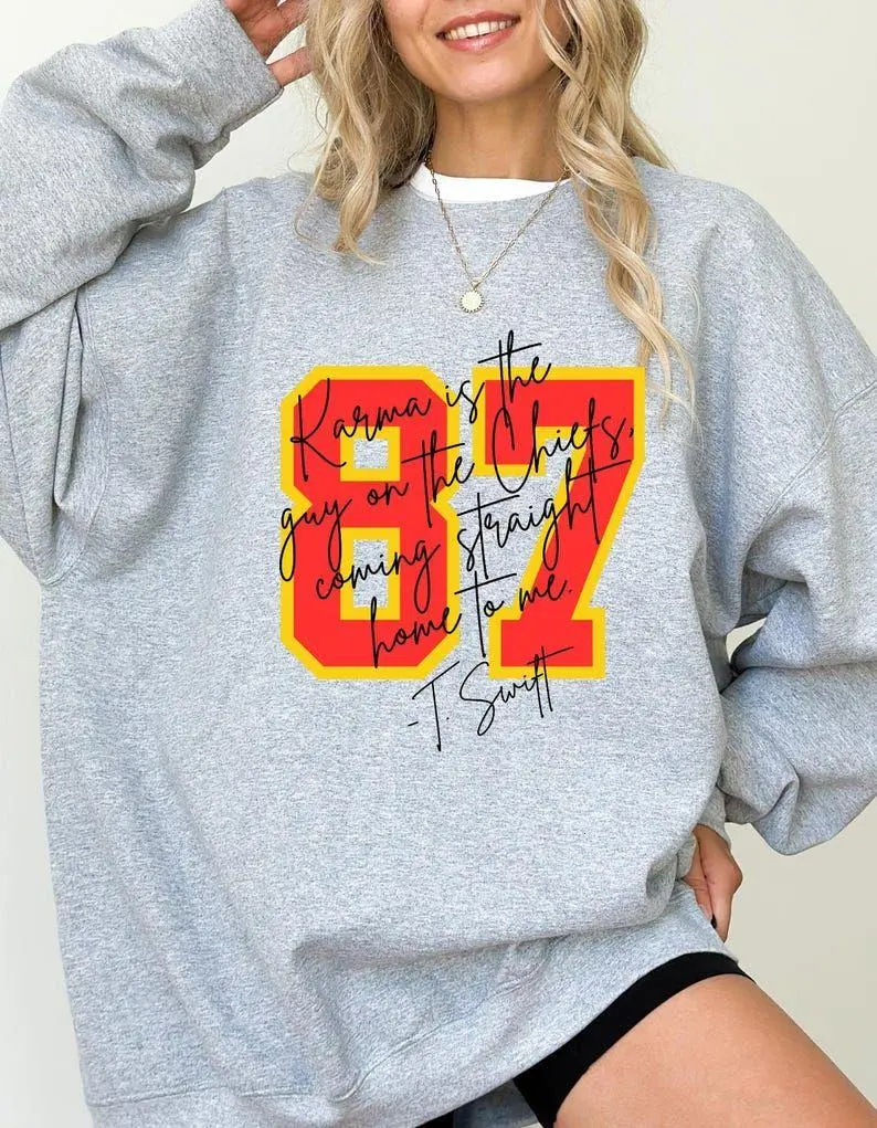 Men's KC Chiefs "Karma Is The Guy" Funny Football Fan Crewneck, Taylor's Boy Football Graphic Classic Apparel