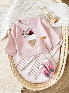 Adorable Baby Clothing Set, Cute Ice Cream Patch Sweatshirt + Soft Striped Long Pants, Loose-Fitting Infant, Newborn Gift Set