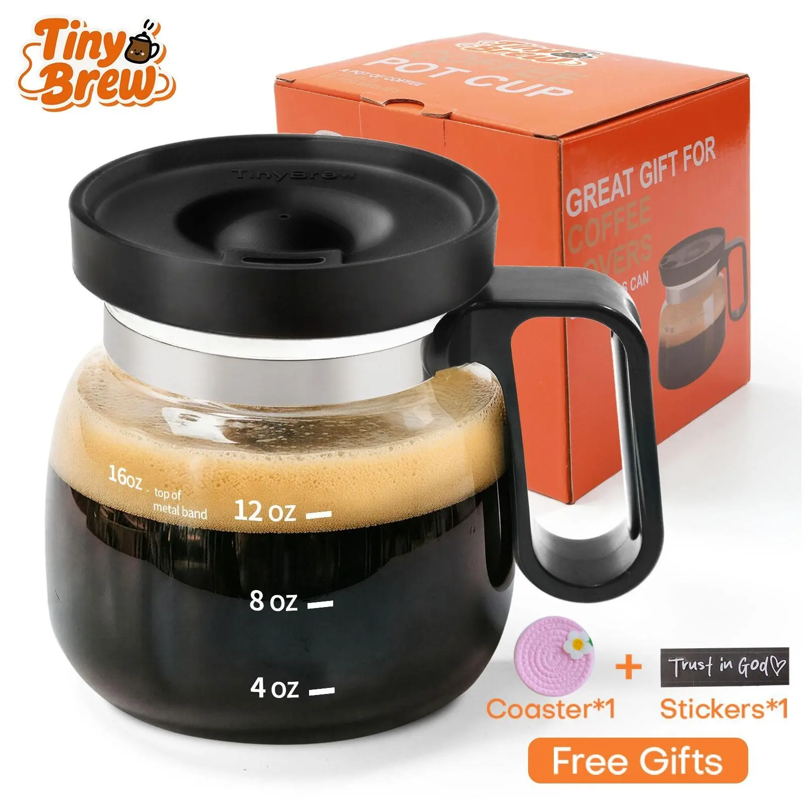 Tiny Brew Coffee Mug with Lid 16oz Glass Creative Cup, Coffee Lovers' Top Choice, Dimensions: 4.9inches tall, 3.8 inches wide, Includes Coaster, Ergonomic Handle Design, a little surprise for your loved one,deals for you,mid year sale