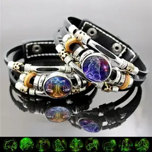 Glow-in-the-Dark Leather Zodiac Bracelet 12 Constellation Horoscope Jewelry for Men Women Premium Genuine Leather Adjustable Strap Vintage Wrap Design Ideal Gift for Astrology Lovers