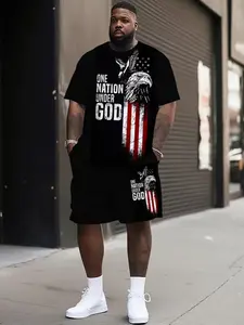 American Flag Eagle Print Suit Set, Loose Fit Short Sleeve Top, Casual Daily Wear, Sportswear & Leisure, All Seasons