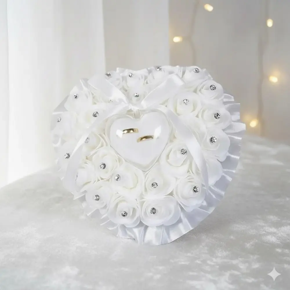 Elegant Rose Ring Holder Pillow Box Set for Wedding Ceremony, Proposal or Anniversary Gift - Romantic Ring Storage Decor, Popular Bridal Accessory for Couples.