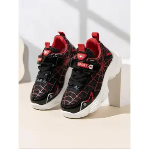 Boy's Spider Web Pattern Velcro Sport Running Shoes, Casual Comfortable Breathable Mesh Sneakers, Outdoor Sports Running Shoes for Daily Wear, Spiderman Shoes, Athletic Footwear