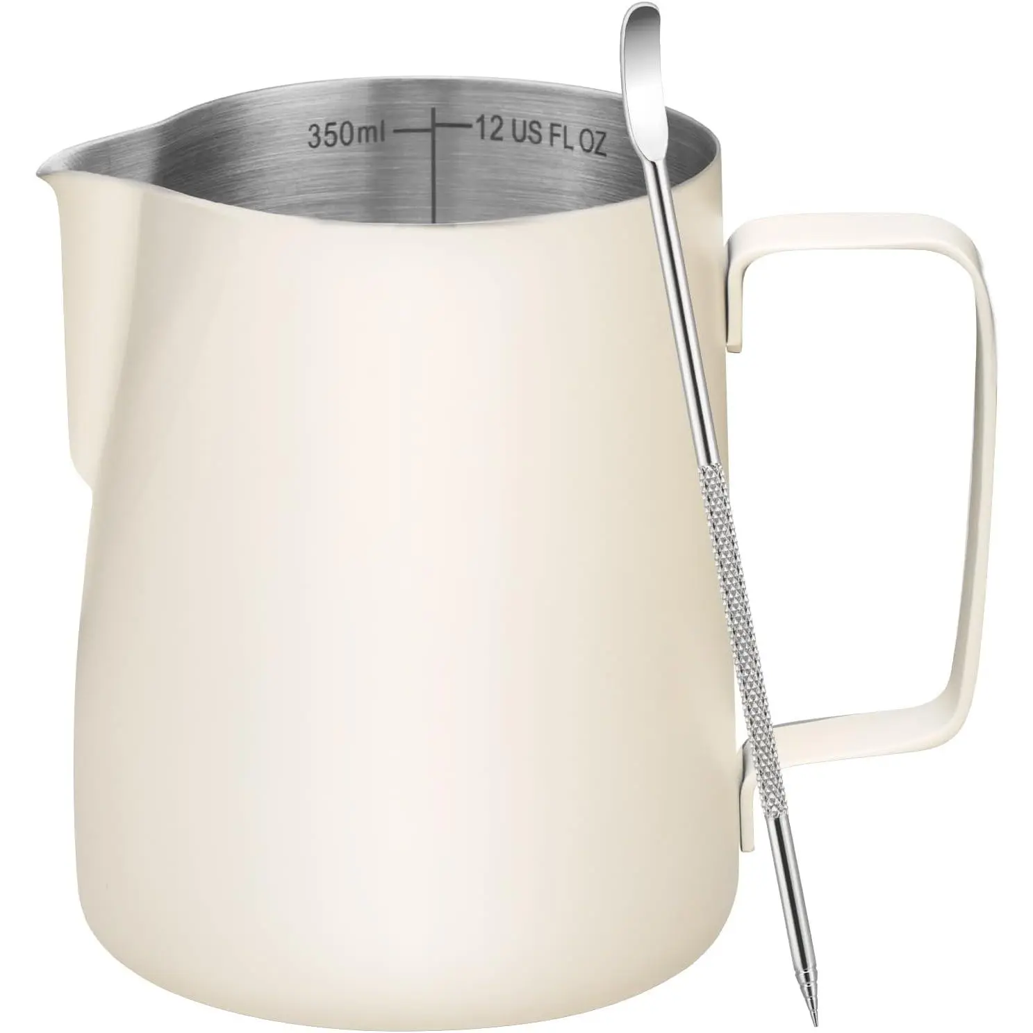 Milk Frothing Pitcher, 12oz Milk Frother Cup with Clear Scale, 304 Stainless Steel Cappuccino Espresso Machine Accessories for Barista Coffee Bar with Latte Art Pen, White