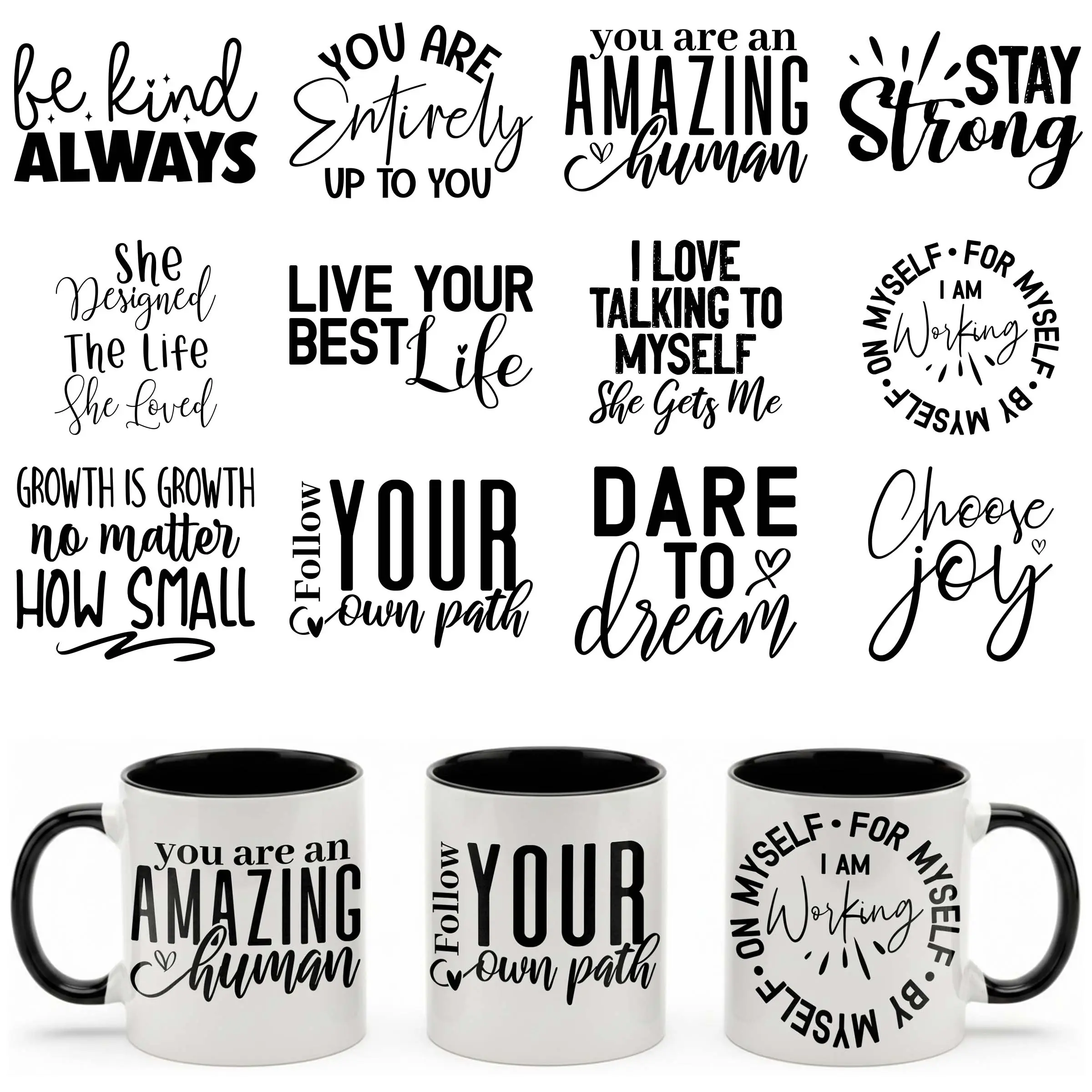 12 Pcs Set UV DTF Transfer Stickers, Positive Affirmations & Self Love Quotes, Waterproof 3D Rub on Decals for Libbey Glass Cans, Laptops, DIY Gifts