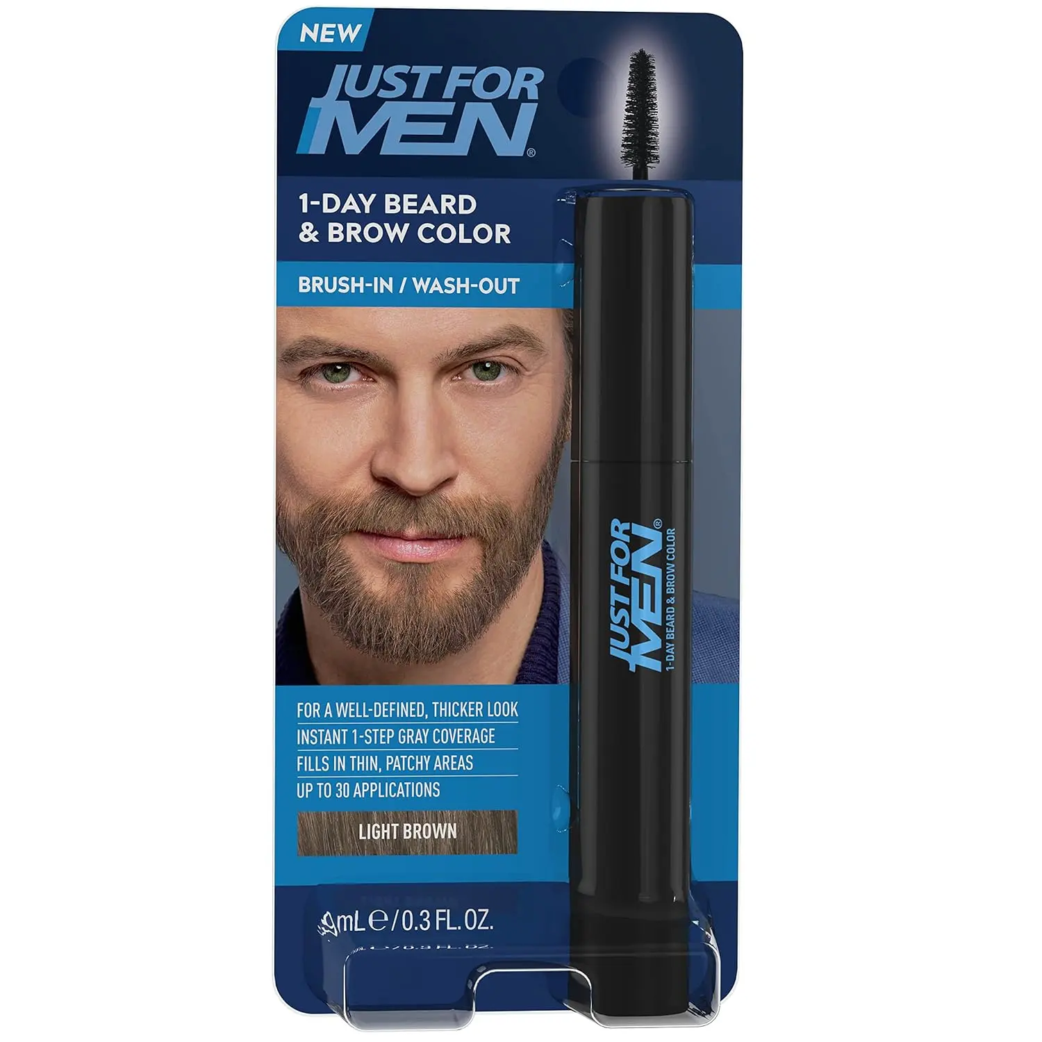 Just For MEN 1-Day Beard & Brow Color, Dye-Free Temporary Cosmetic for a Fuller, Well-Defined Look, Light Brown, 30 Applications, Liquid