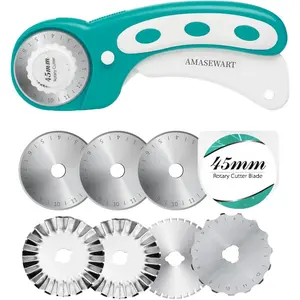 45mm Rotary Cutter for Fabric with 8pcs Rotary Blades, Rolling Fabric Cutter Crochet Edge Skip Stitch Blade Perforating Rotary Blade, Pinking Rotary Cutter for Quilting Crafts Sewing