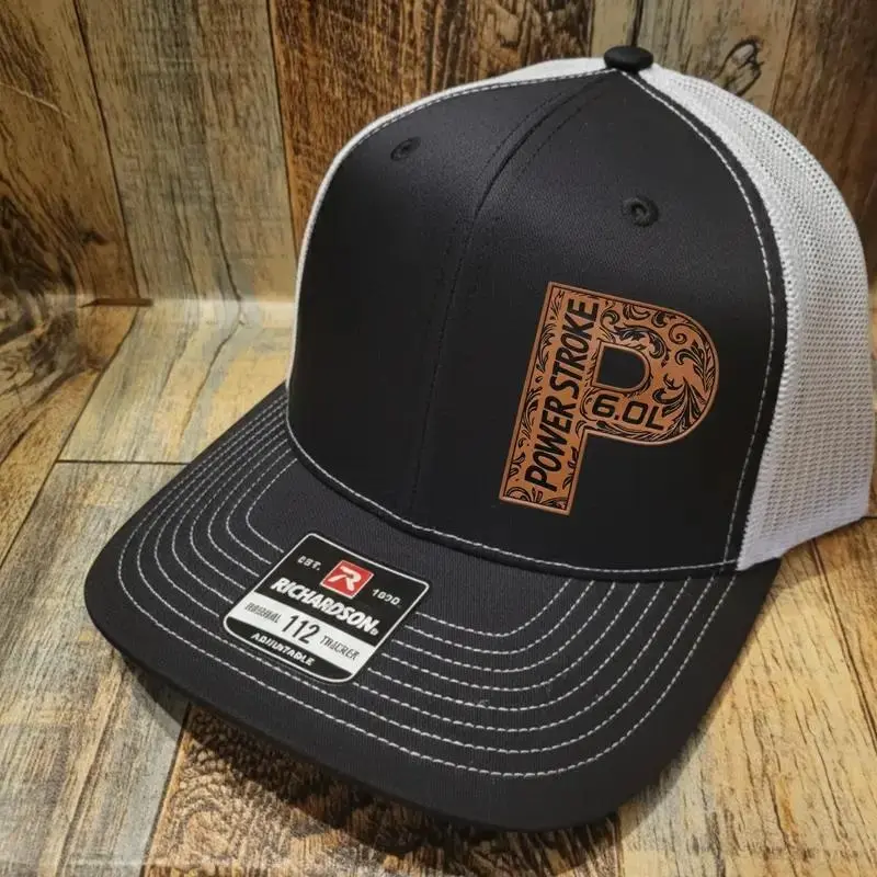Diesel Truck Leather Patch Hat, Engine Style Cap, Black White Mesh Trucker Hat, Mechanic Gift, Driver Snapback, Western Tooled Logo Cap, Workwear Hat