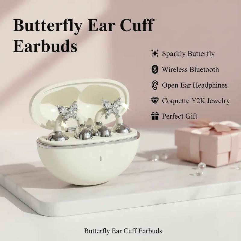 Sparkly Butterfly Ear Cuffs Earbuds - Wireless Bluetooth Open Ear Clip-on Headphones - Coquette Y2K Jewelry Gift