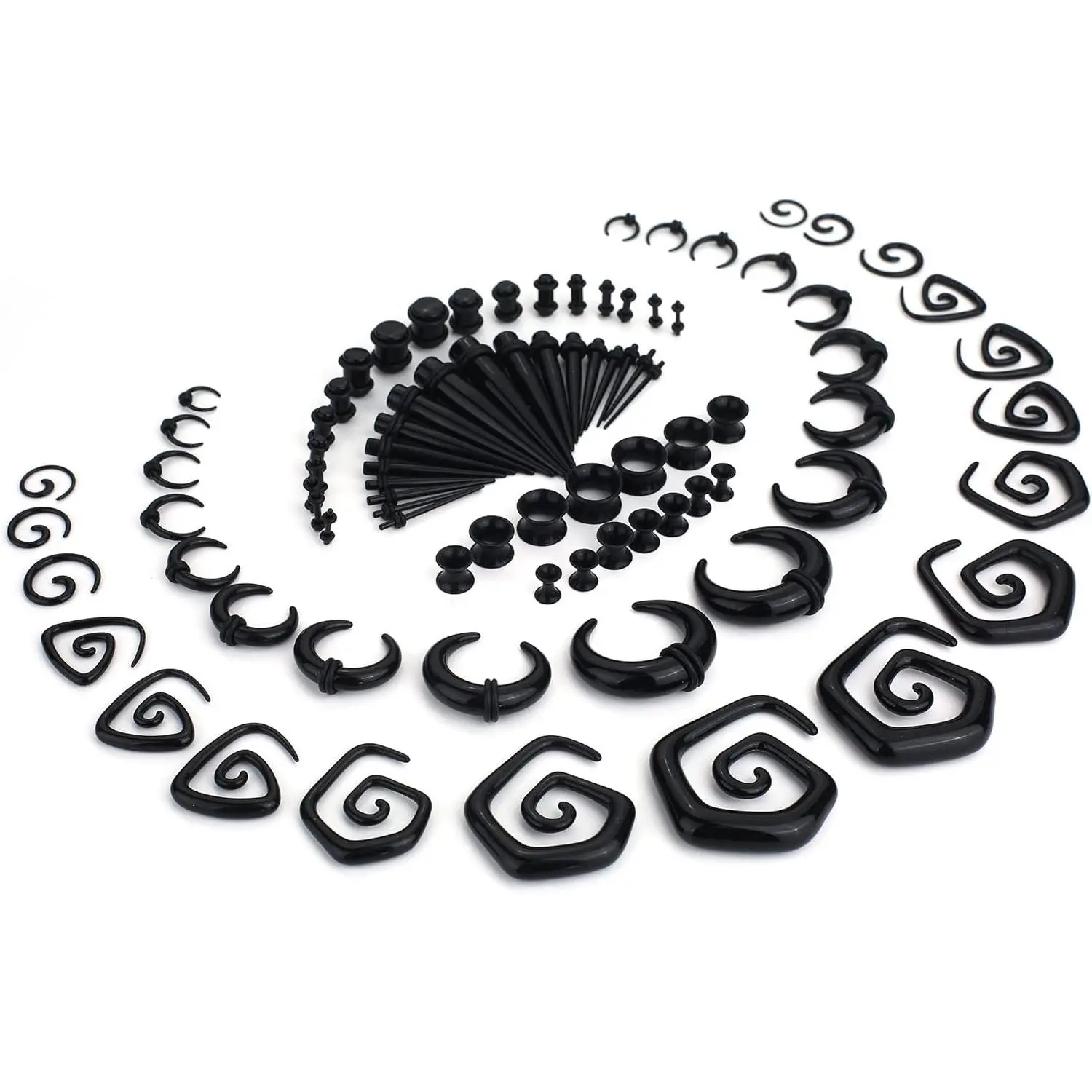 FASACCO 86-Count Unisex Multi-Size Ear Stretching Earrings Kit - Tapered Acrylic Plugs, Spiral Acrylic Pieces, Safe Silicone Tunnels, Gauges Expanders (14G-00G Body Piercings Set, Geometric-Shaped Boxed Set Edgy Earrings), Geometric-Shaped Earrings