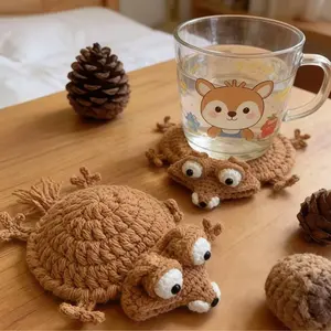 Funny Hand-Crocheted Squirrel Coaster, Cute Handmade3D Animal Mug Rug, Novelty Knitted Cup Mat DeskDecor, Unique Whimsical Drink Coaster for Coffee &Animal Lovers (Yellow)
